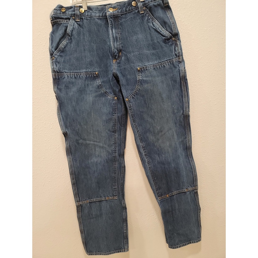 Carhartt double knee logger work pants 36x34 relaxed fit blue jeans distressed